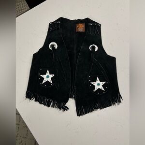 JOHN R. CRAIGHEAD boys leather Black Fringe Vest with Star Pockets size  L